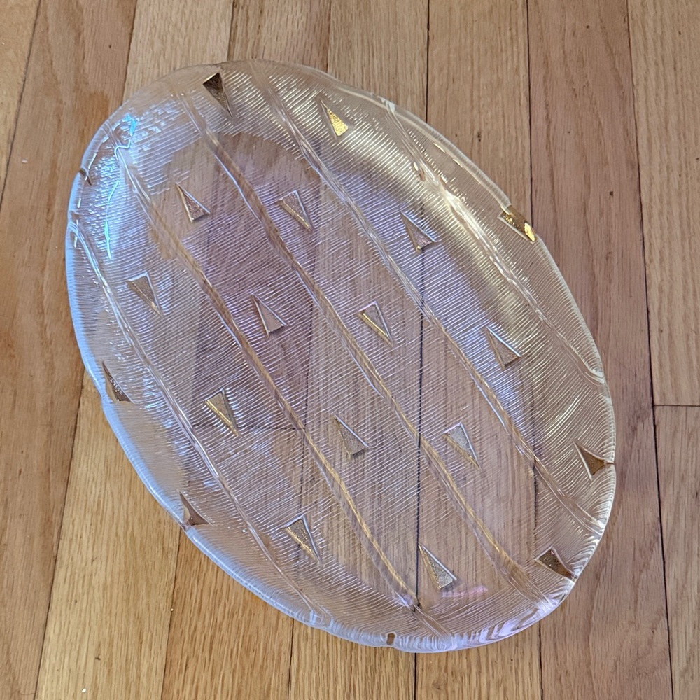 Clear Oval Glass Serving Platter with Gold Triangle Accents